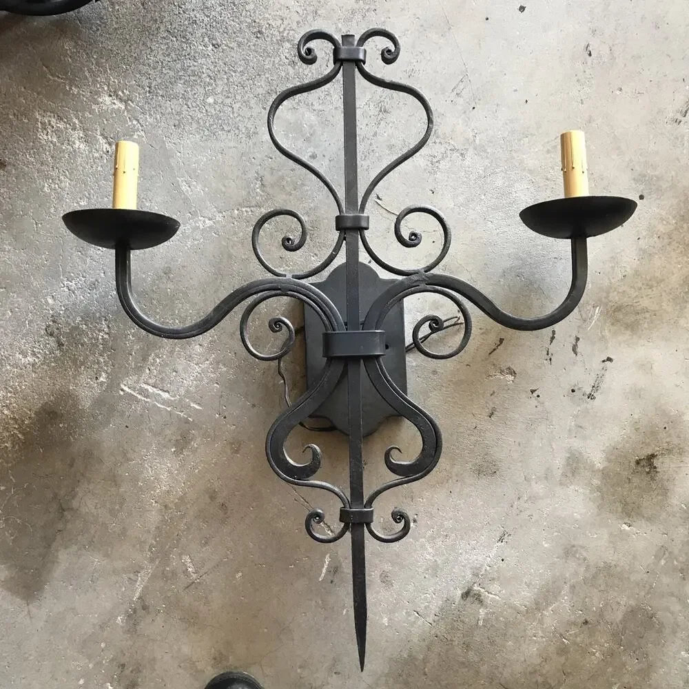 LARGE 1920S STYLE WROUGHT IRON SPANISH REVIVAL HOME WALL DOUBLE SCONCE LAMP